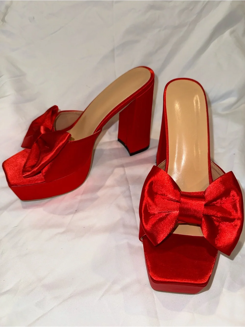 SHEIN Red Satin Bow Platform Slide Heels